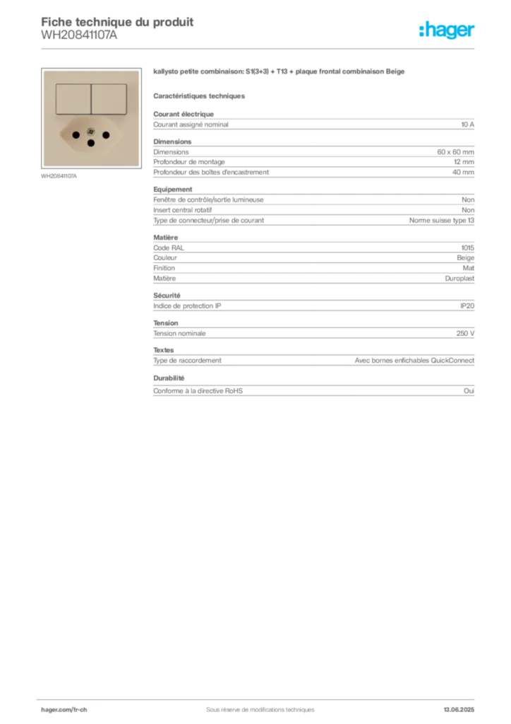 Image Hager Fiche technique du produit WH20841107A | Hager Suisse