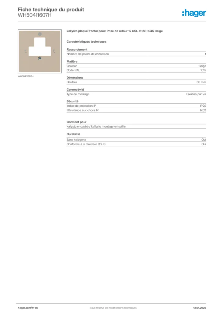 Image Hager Fiche technique du produit WH50411607H | Hager Suisse