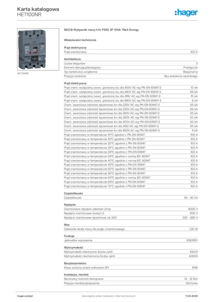 Zdjęcie Hager Karta katalogowa HET100NR | Hager Polska