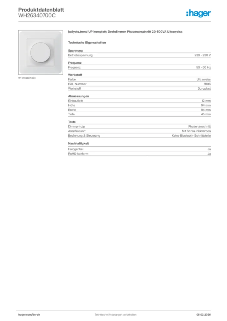 Bild Hager Produktdatenblatt WH26340700C | Hager Schweiz
