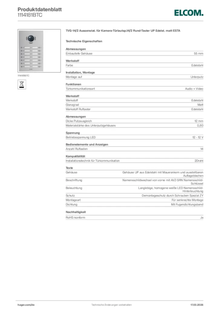 Bild Elcom Produktdatenblatt 1114181BTC | Hager Deutschland