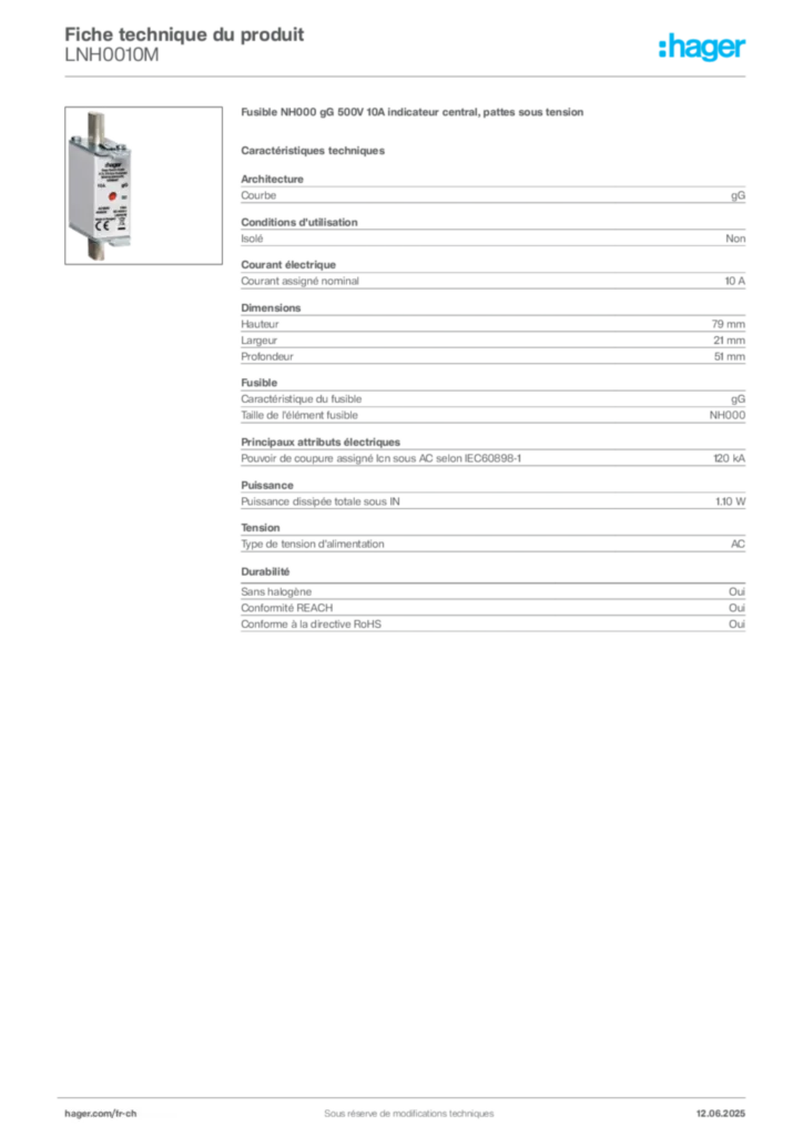 Image Hager Fiche technique du produit LNH0010M | Hager Suisse