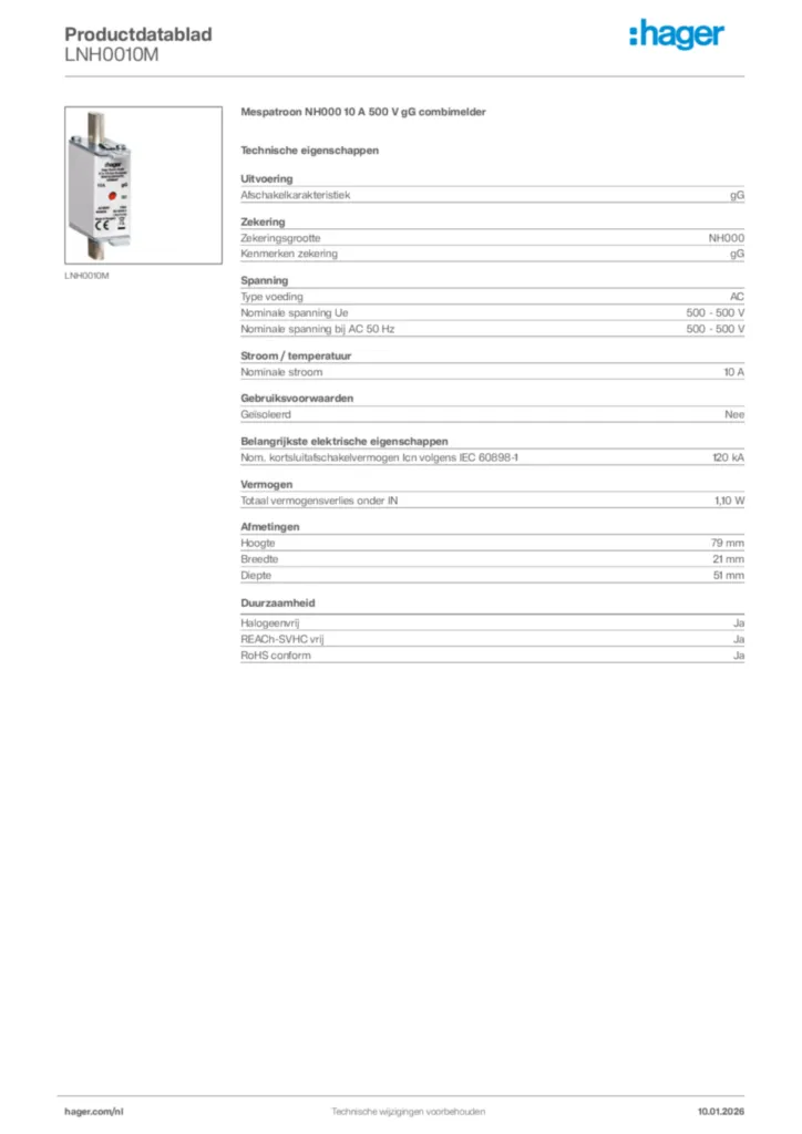 Afbeelding Hager Productdatablad LNH0010M | Hager Nederland