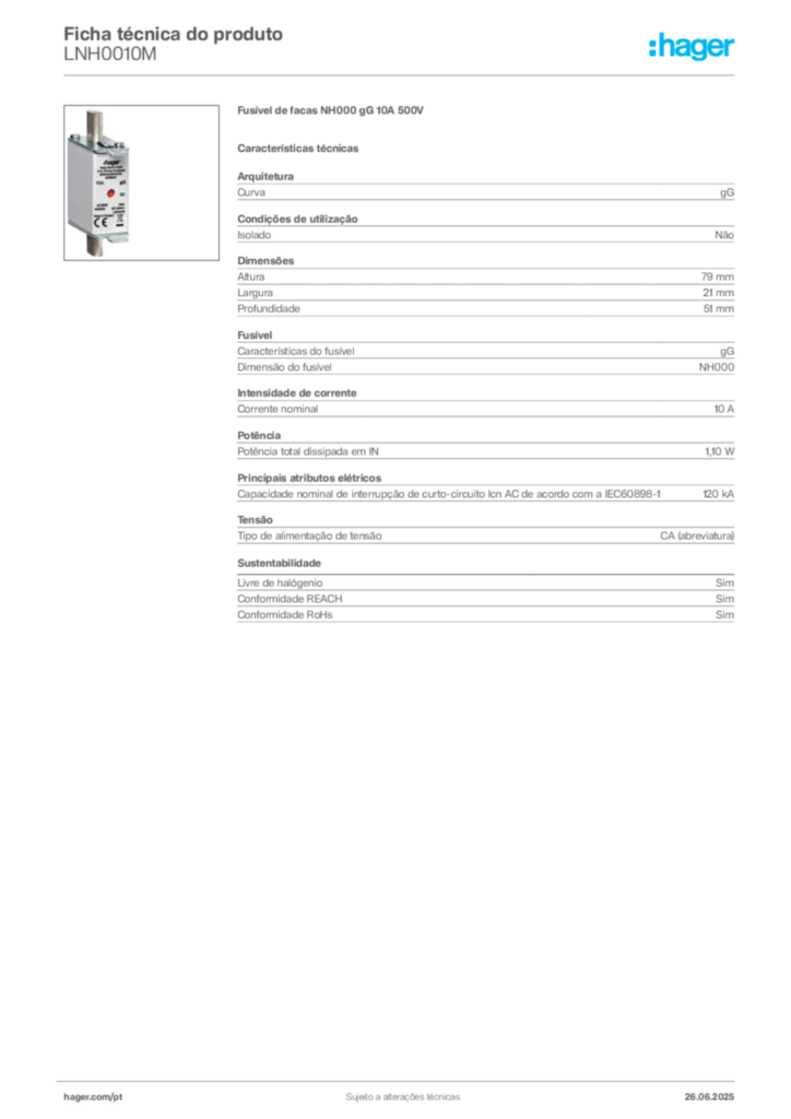Imagem Hager Ficha técnica do produto LNH0010M | Hager Portugal