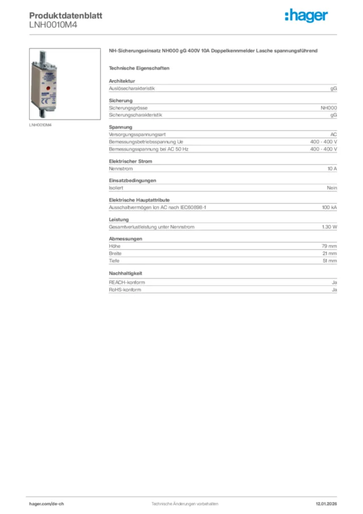 Bild Hager Produktdatenblatt LNH0010M4 | Hager Schweiz