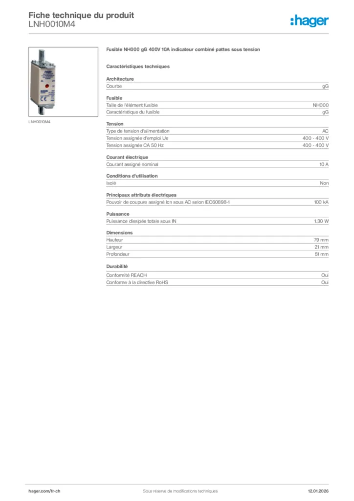Image Hager Fiche technique du produit LNH0010M4 | Hager Suisse