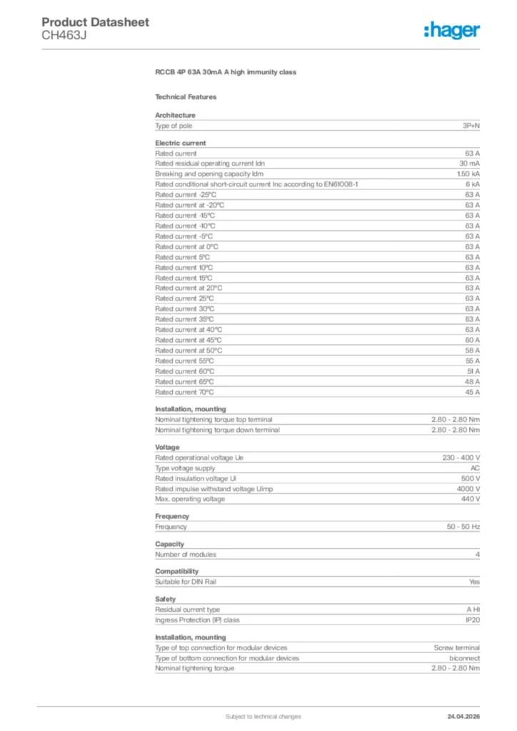 Image Hager Product data sheet CH463J  | Hager Africa