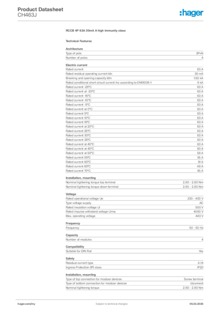 Image Hager Product data sheet CH463J  | Hager