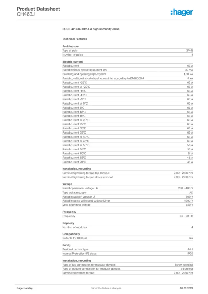 Image Hager Product data sheet CH463J  | Hager