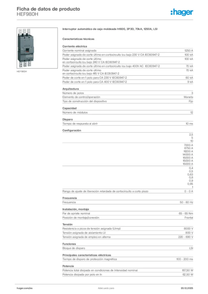 Imagen Hager Ficha de datos de producto HEF980H | Hager España