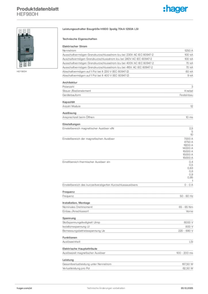 Bild Hager Produktdatenblatt HEF980H | Hager Deutschland