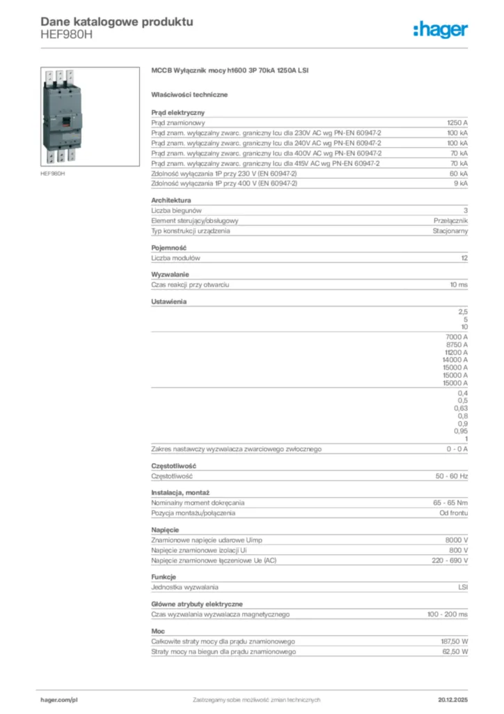 Zdjęcie Hager Karta katalogowa HEF980H | Hager Polska