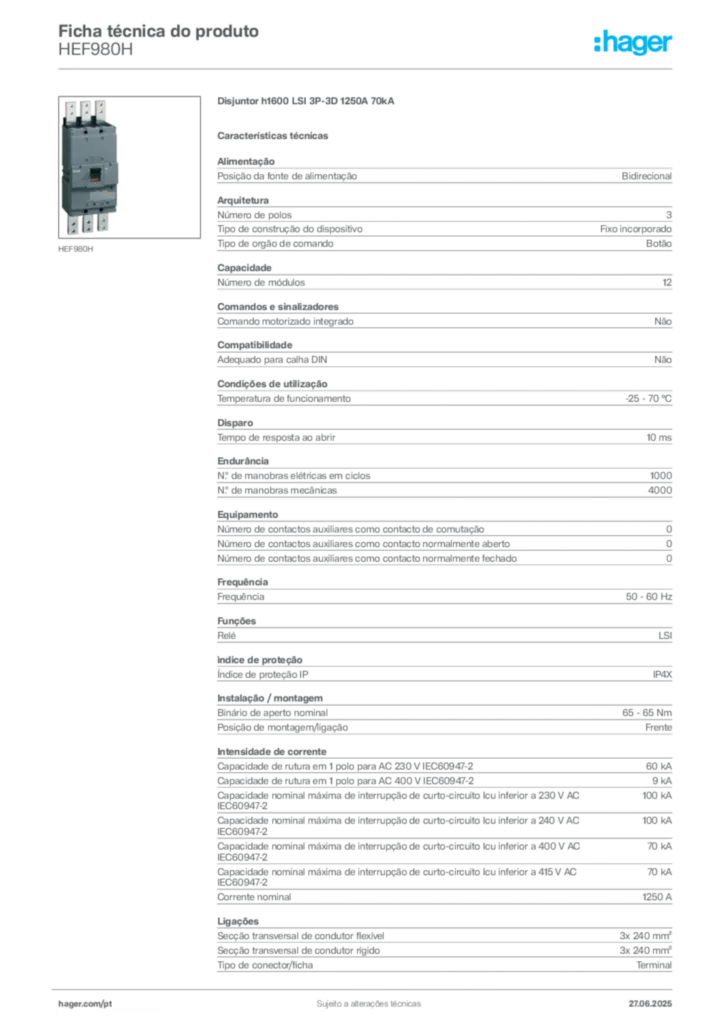 Imagem Hager Ficha técnica do produto HEF980H | Hager Portugal