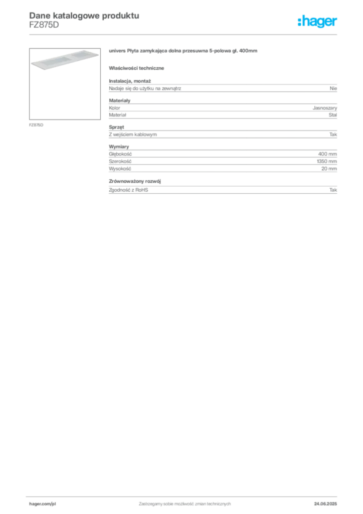 Zdjęcie Hager Karta katalogowa FZ875D | Hager Polska