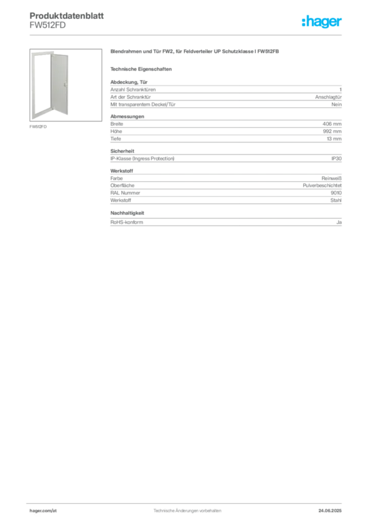 Bild Hager Produktdatenblatt FW512FD | Hager Deutschland