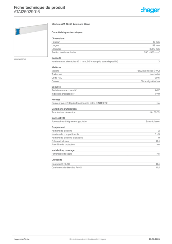 Image Hager Fiche technique du produit ATA125029016 | Hager Belgique