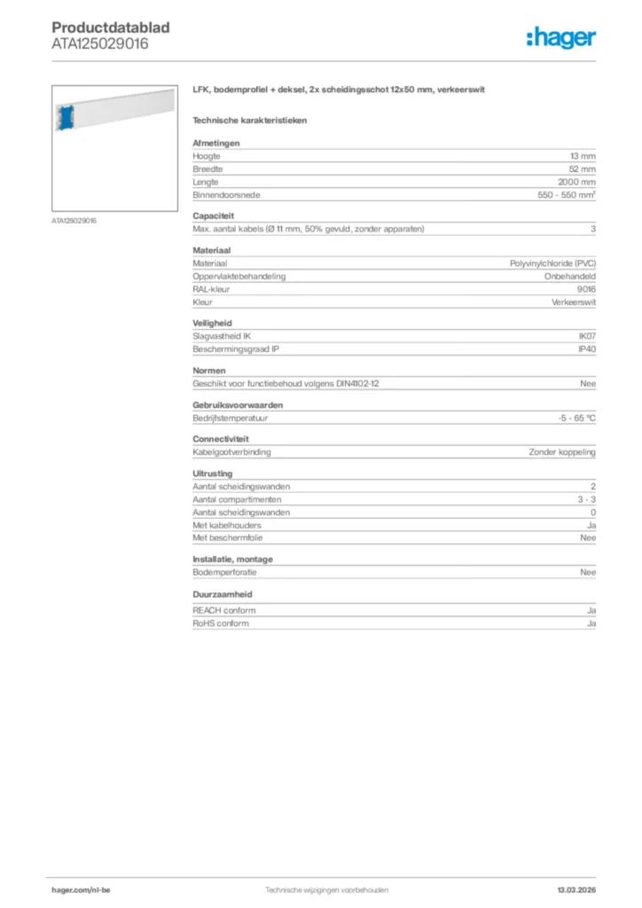 Afbeelding Hager Productdatablad ATA125029016 | Hager Belgium