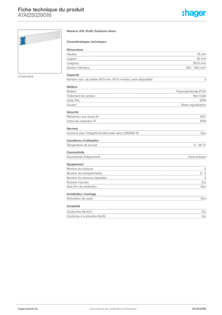Image Hager Fiche technique du produit ATA125029016 | Hager Suisse
