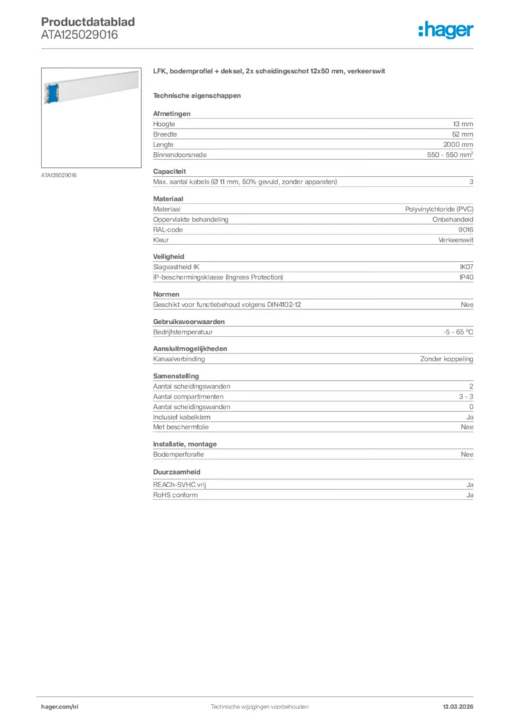 Afbeelding Hager Productdatablad ATA125029016 | Hager Nederland