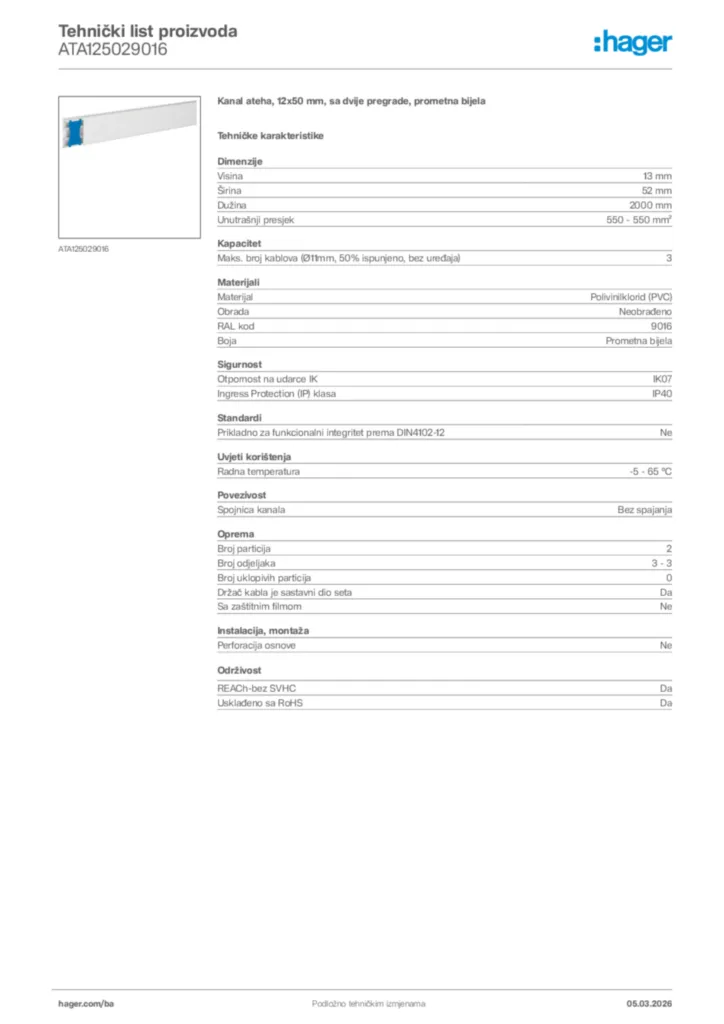 Slika Hager Tehnički list proizvoda ATA125029016  | Hager