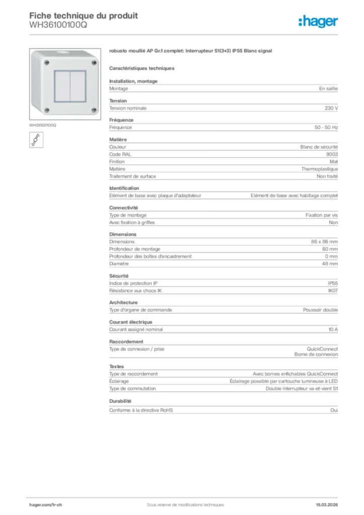 Image Hager Fiche technique du produit WH36100100Q | Hager Suisse