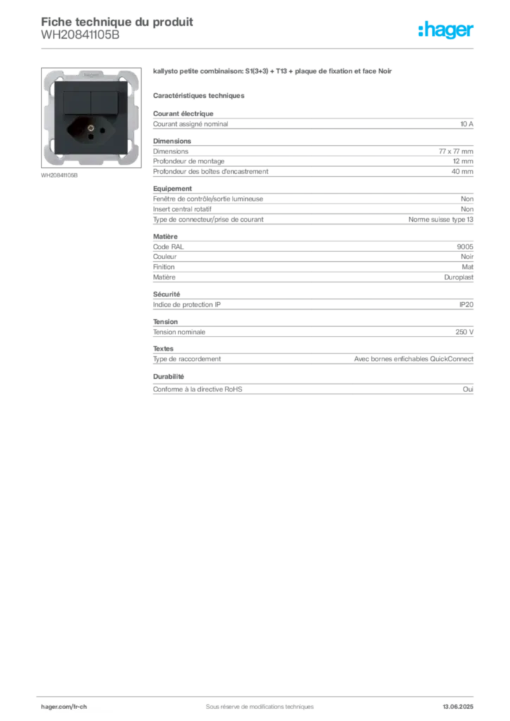 Image Hager Fiche technique du produit WH20841105B | Hager Suisse