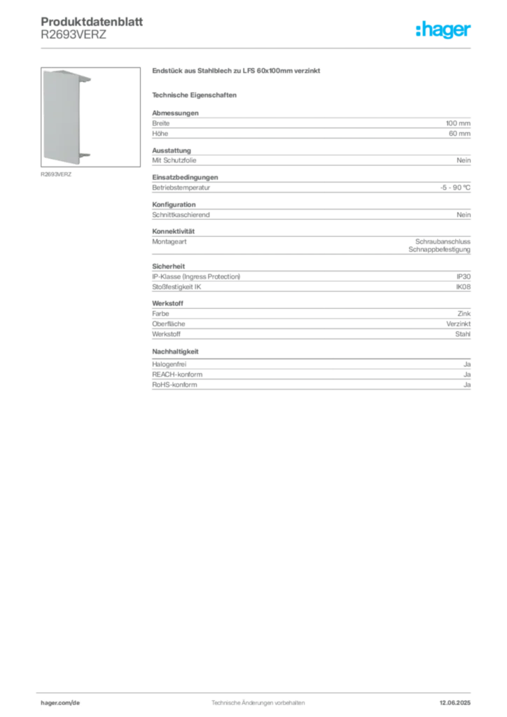 Bild Hager Produktdatenblatt R2693VERZ | Hager Deutschland