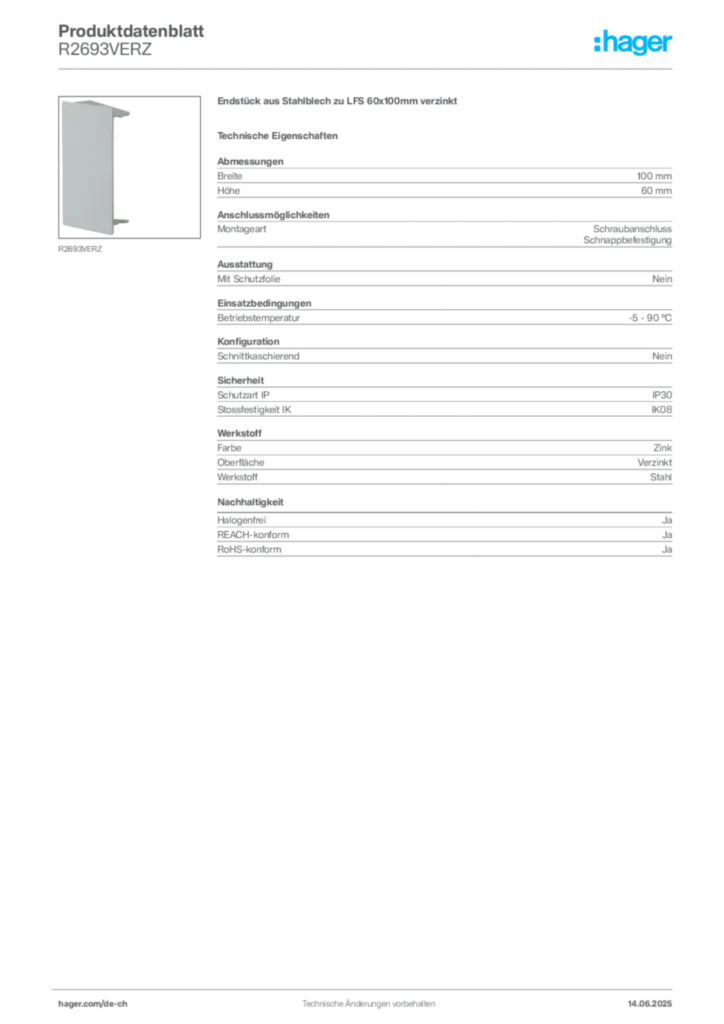 Bild Hager Produktdatenblatt R2693VERZ | Hager Schweiz