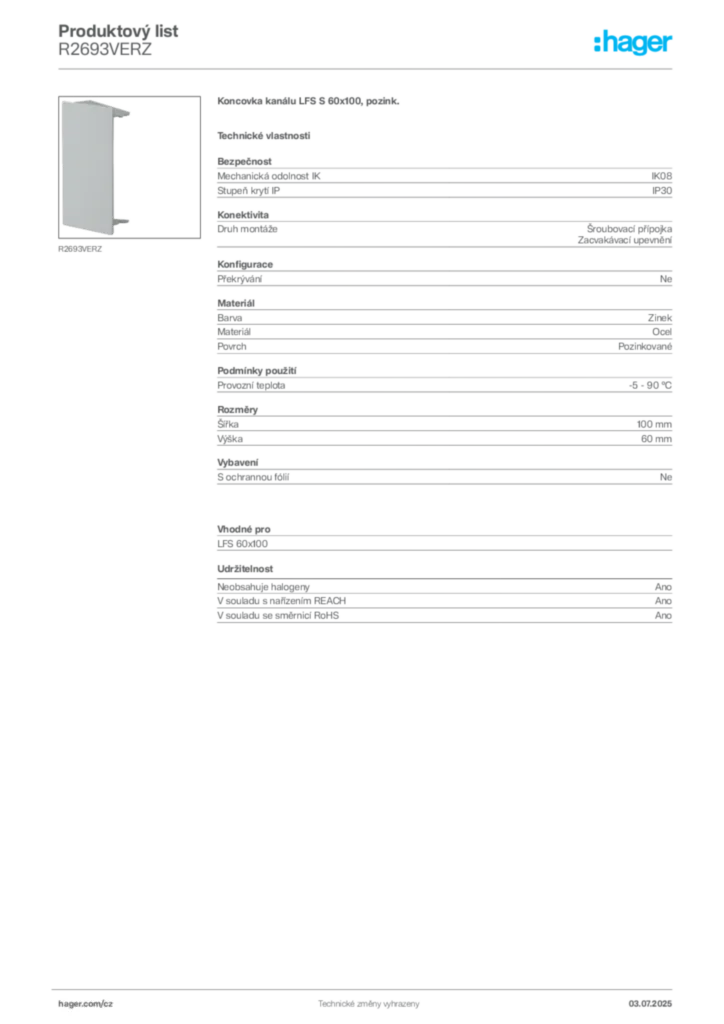 Obrázek Hager Produktový list R2693VERZ | Hager