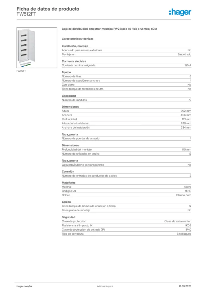 Imagen Hager Ficha de datos de producto FW512FT | Hager España