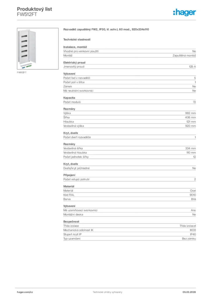 Obrázek Hager Product data sheet FW512FT | Hager