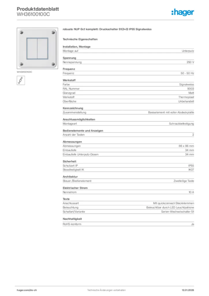 Bild Hager Produktdatenblatt WH36100100C | Hager Schweiz