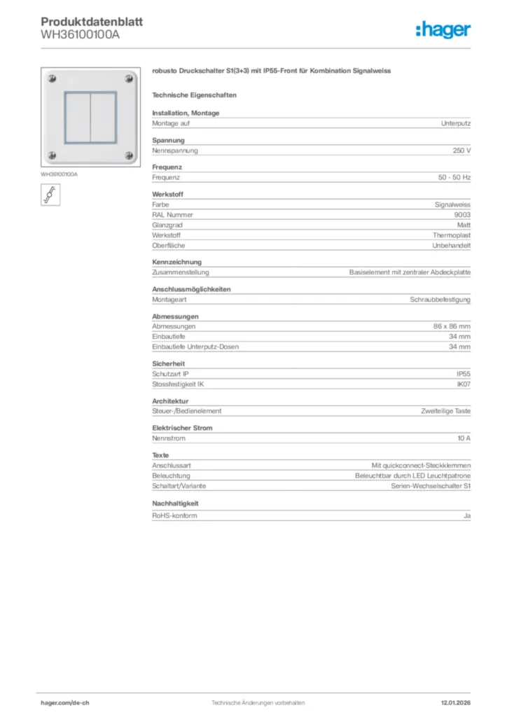 Bild Hager Produktdatenblatt WH36100100A | Hager Schweiz