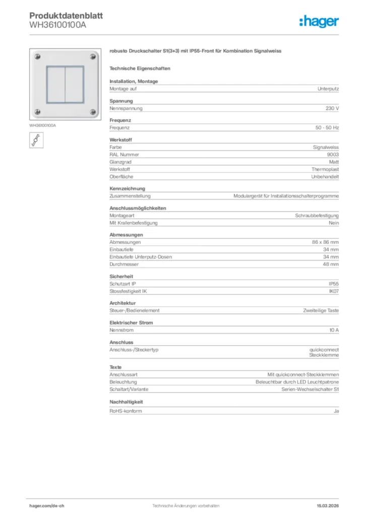 Bild Hager Produktdatenblatt WH36100100A | Hager Schweiz