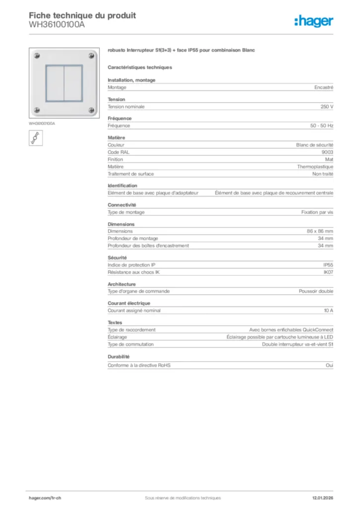 Image Hager Fiche technique du produit WH36100100A | Hager Suisse