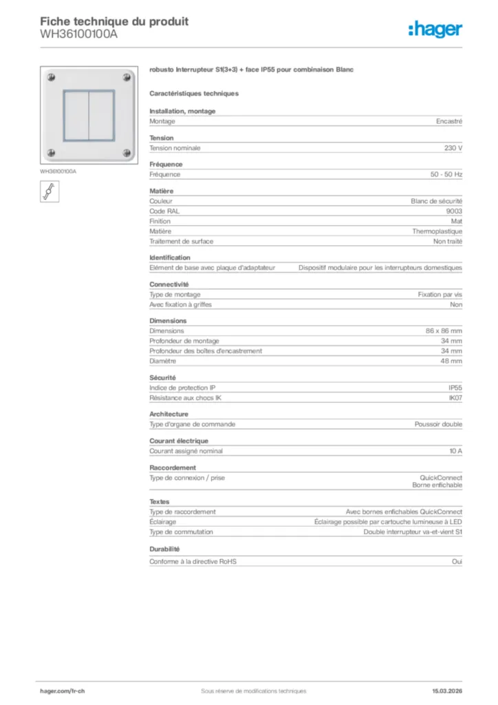 Image Hager Fiche technique du produit WH36100100A | Hager Suisse
