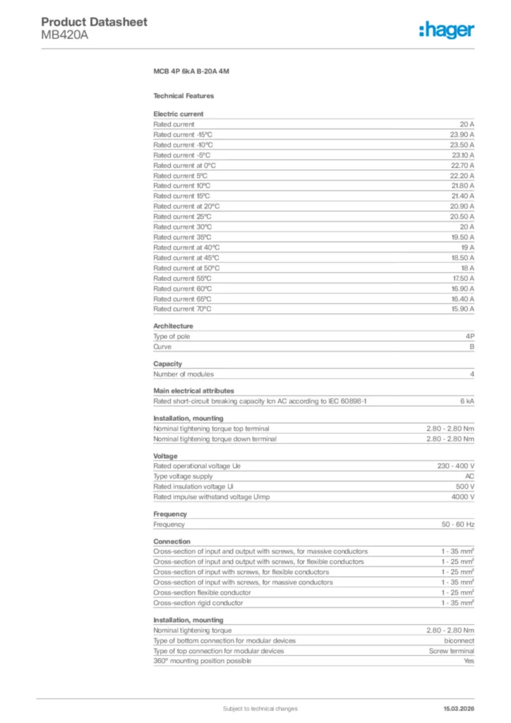 Image Hager Product data sheet MB420A  | Hager Africa