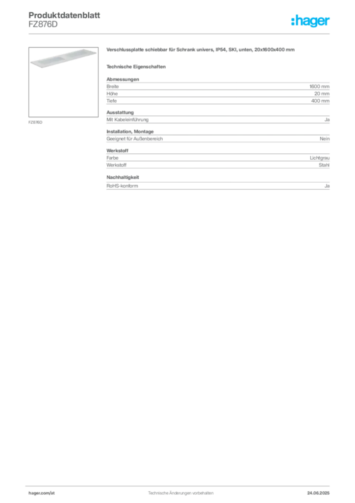 Bild Hager Produktdatenblatt FZ876D | Hager Deutschland