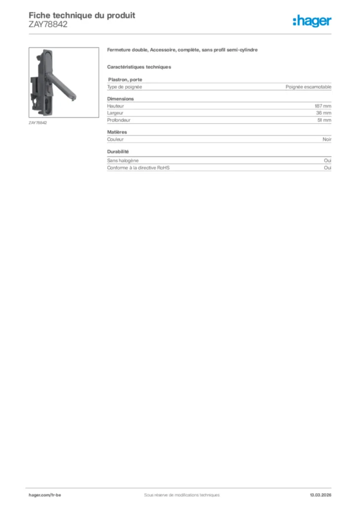 Image Hager Fiche technique du produit ZAY78842 | Hager Belgique