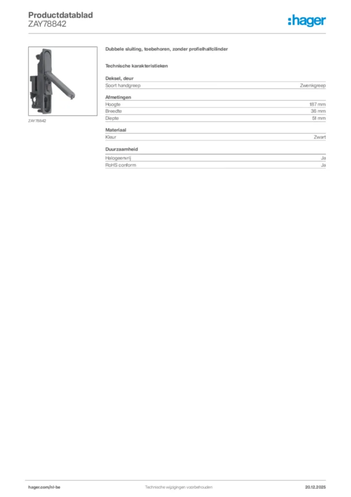 Afbeelding Hager Productdatablad ZAY78842 | Hager Belgium