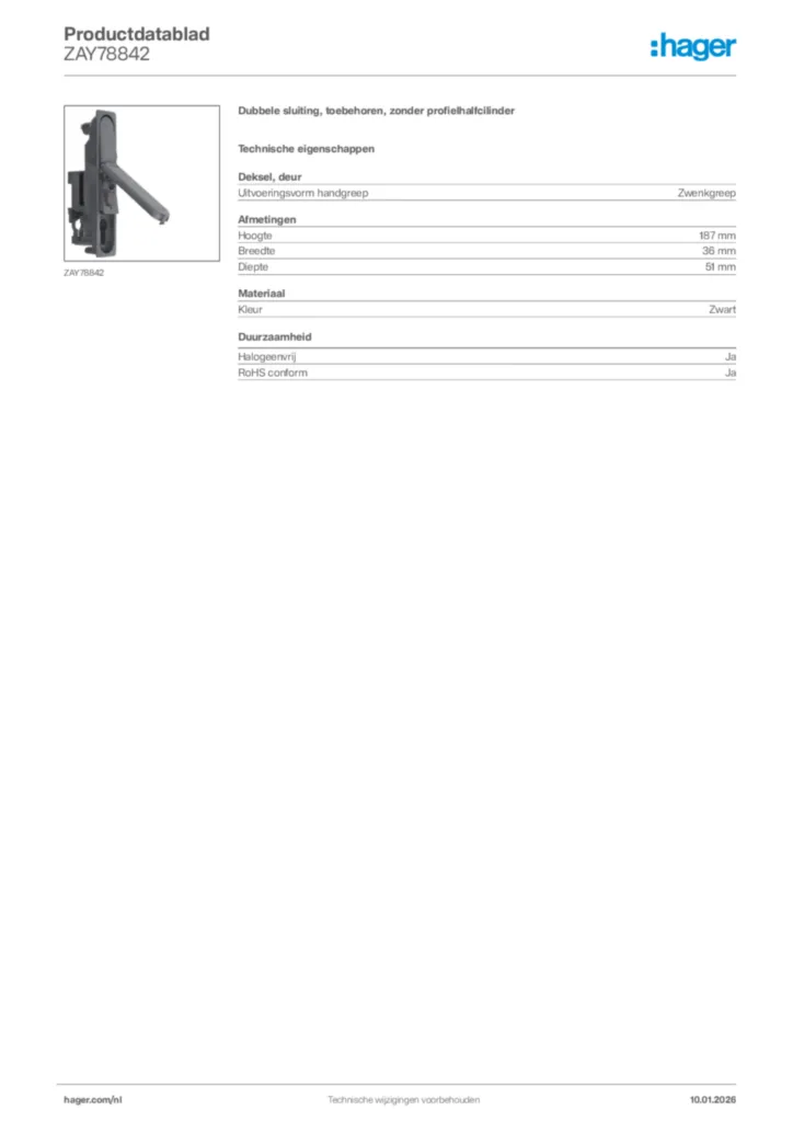 Afbeelding Hager Productdatablad ZAY78842 | Hager Nederland