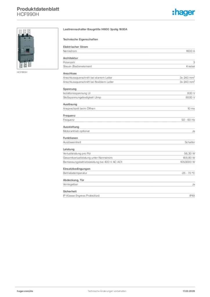 Bild Hager Produktdatenblatt HCF990H | Hager Deutschland