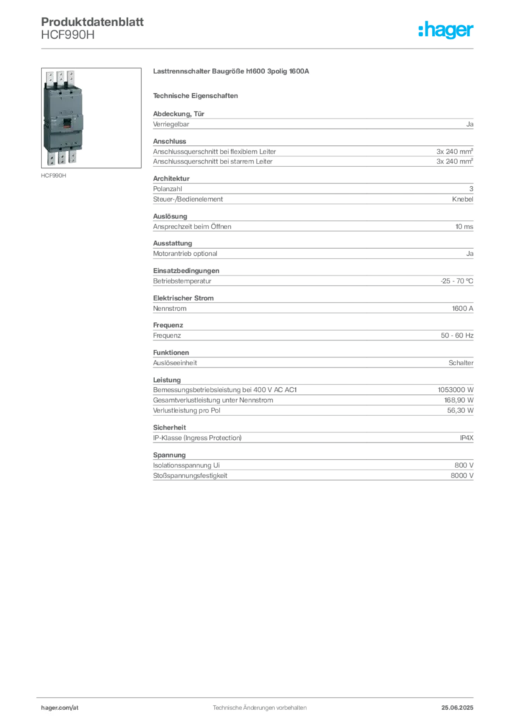 Bild Hager Produktdatenblatt HCF990H | Hager Deutschland