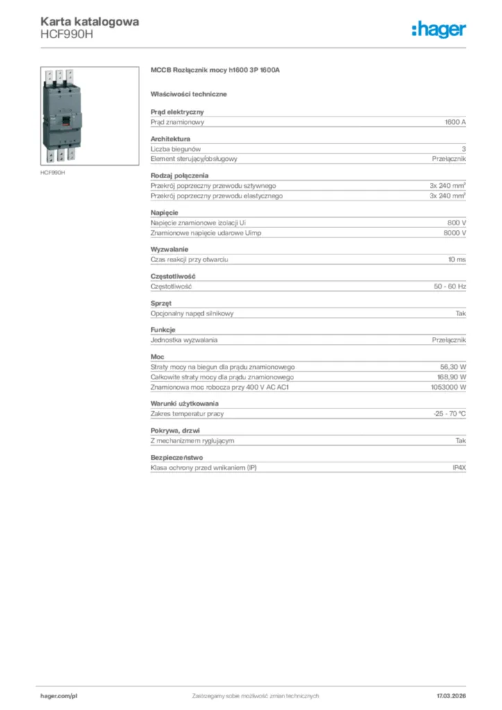 Zdjęcie Hager Karta katalogowa HCF990H | Hager Polska
