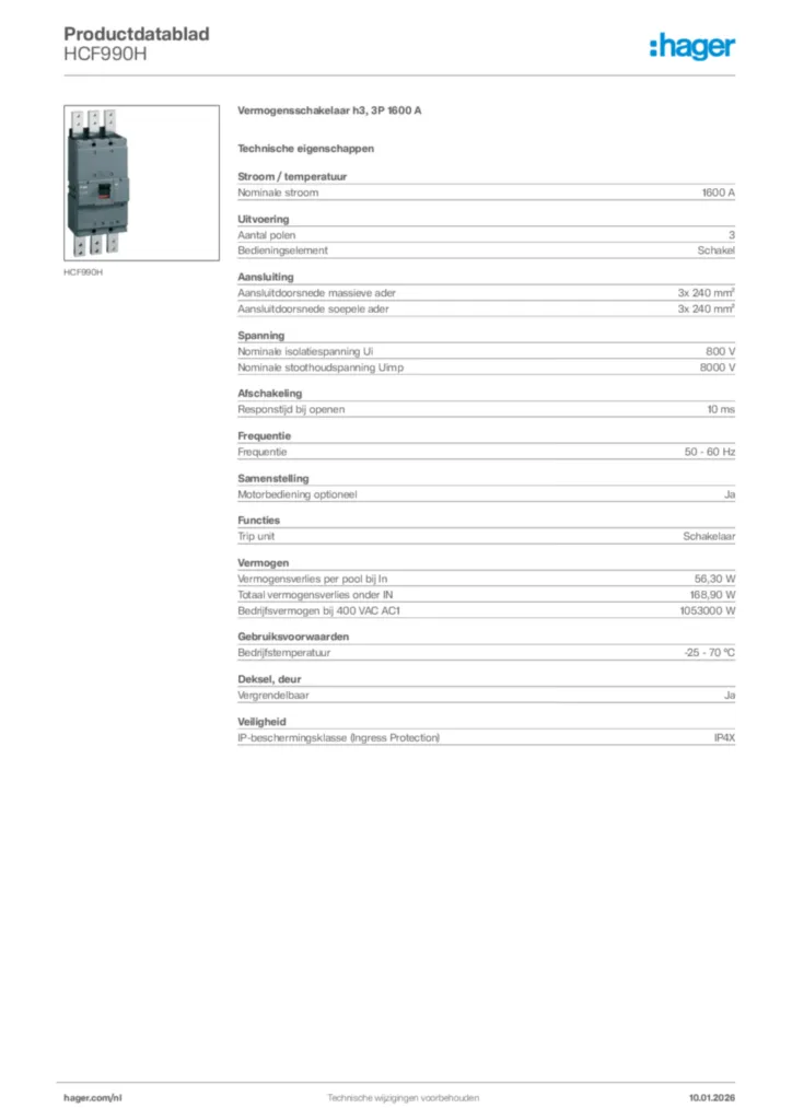 Afbeelding Hager Productdatablad HCF990H | Hager Nederland