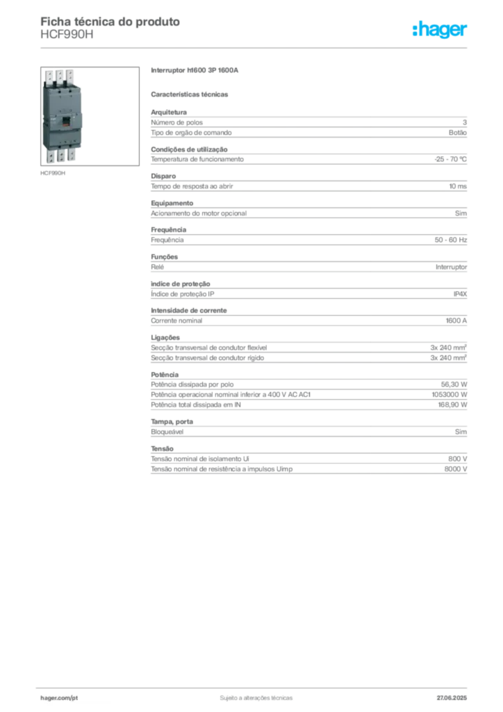 Imagem Hager Ficha técnica do produto HCF990H | Hager Portugal
