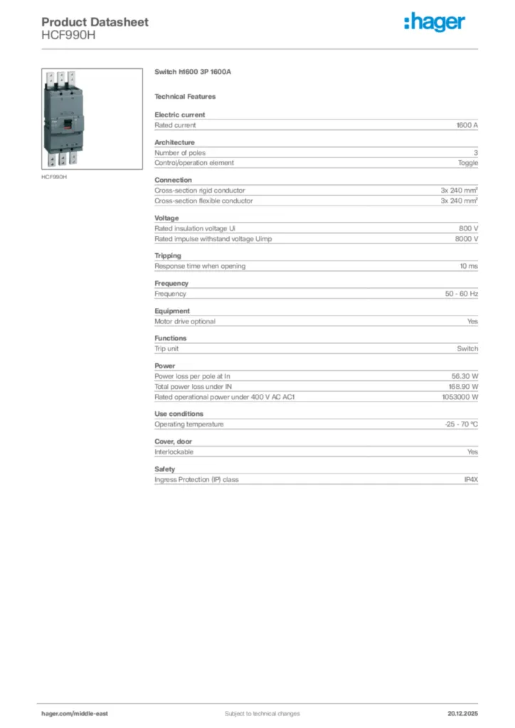 Image Hager Product data sheet HCF990H  | Hager