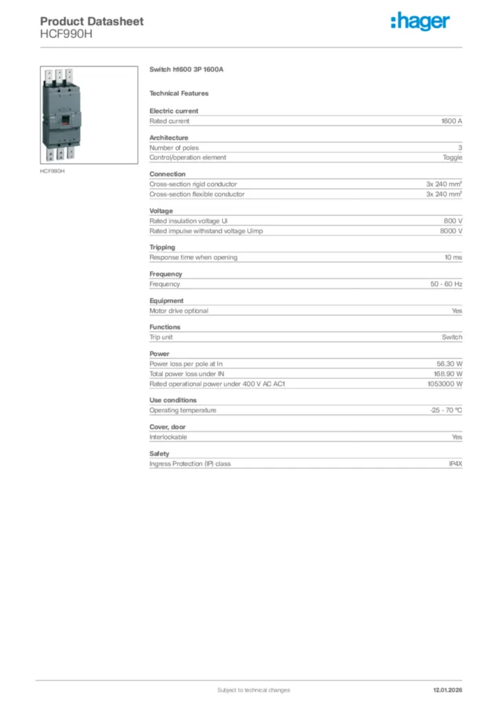 Image Hager Product data sheet HCF990H  | Hager
