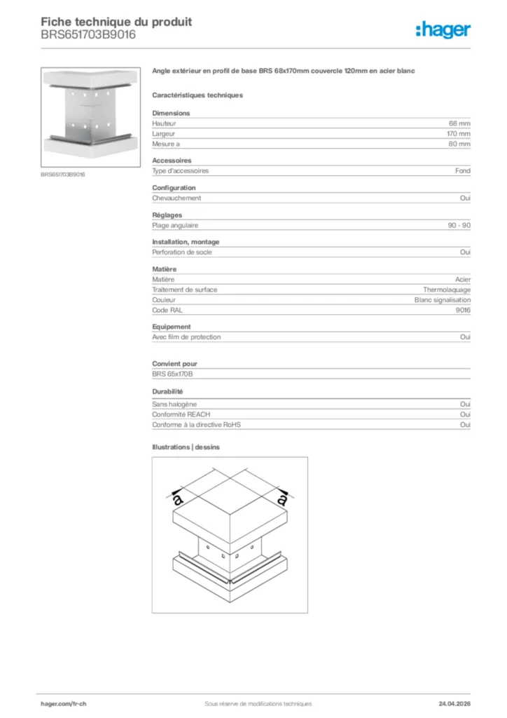 Image Hager Fiche technique du produit BRS651703B9016 | Hager Suisse