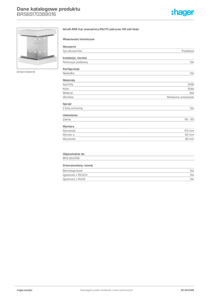 Zdjęcie Hager Karta katalogowa BRS651703B9016 | Hager Polska